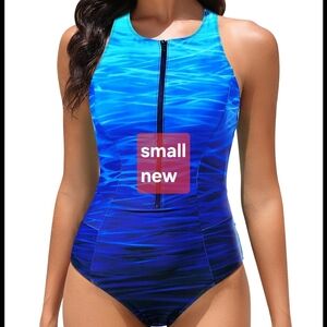 Small Ocean Blue Zip-Front One-Piece Swimsuit Racerback